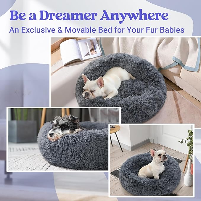 rabbitgoo Dog Bed for Small, 24 inches Machine Washable, Fluffy Donut Pet Bed Anti-Slip, Calming