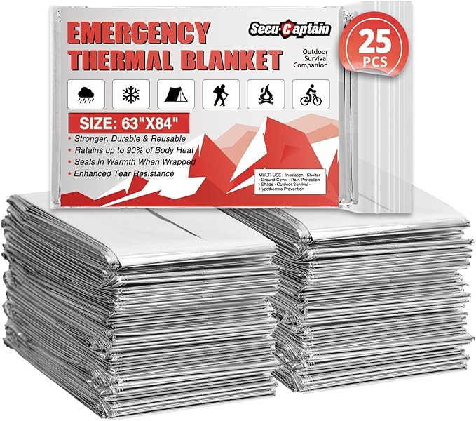 SecuCaptain Survival Emergency Thermal Blankets: 25 Pack Extra Large 84??x63??Space Mylar Blanket