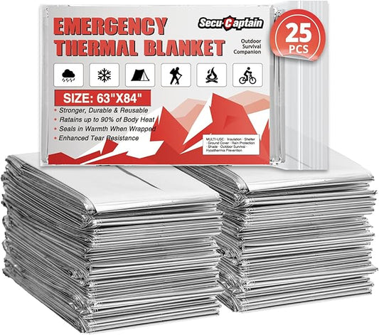 SecuCaptain Survival Emergency Thermal Blankets: 25 Pack Extra Large 84??x63??Space Mylar Blanket