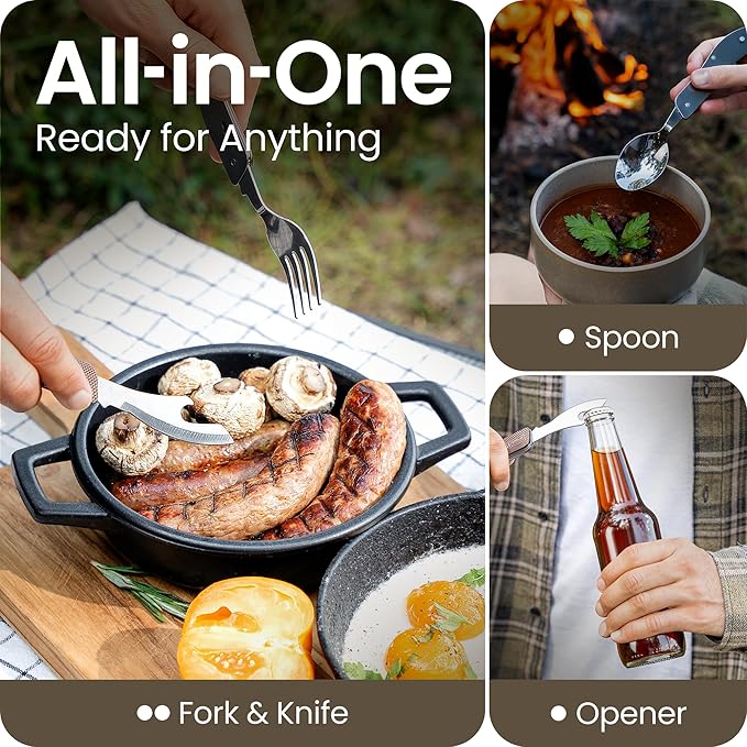 Orblue 4-in-1 Camping Utensils, 2-Pack - Portable Stainless Steel Spoon, Fork, Knife & Bottle