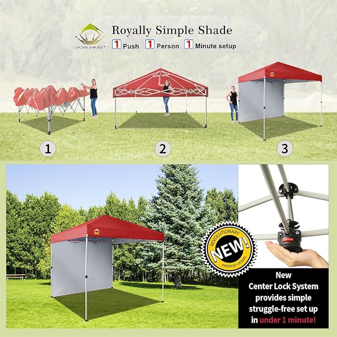 CROWN SHADES 8x8 Pop Up Canopy with 1 Side Wall - Beach Tent with One Push Setup - Outdoor Sun