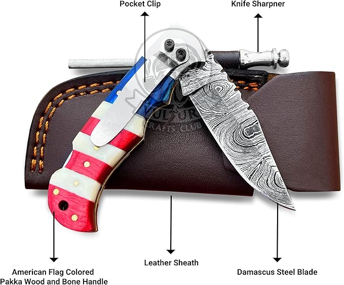Damascus Steel Pocket Knife with Clip and Leather Sheath - EDC Knife for Outdoor and Camping