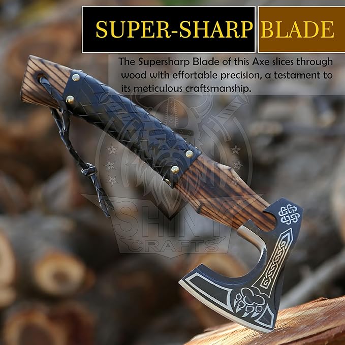 SHINY CRAFTS®- Decorative Viking Axe – Unique Gift for Dad Carbon Steel Blade with Leather Handle