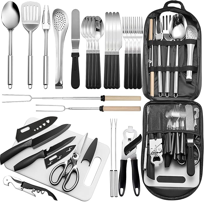 Portable Camping Kitchen Utensil Set-27 Piece Cookware Kit, Stainless Steel Outdoor Cooking and
