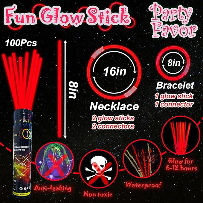 ILHSTY 100 Pcs 8'' Red Glow Sticks Glow Necklaces In The Dark Party Favors Supplies Bright
