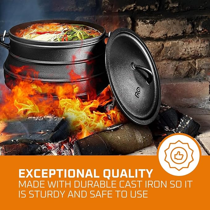 Bruntmor 12 Quart Cast Iron Dutch Oven Cauldron Pot - Camping Cookware with Lid - Pre-Seasoned