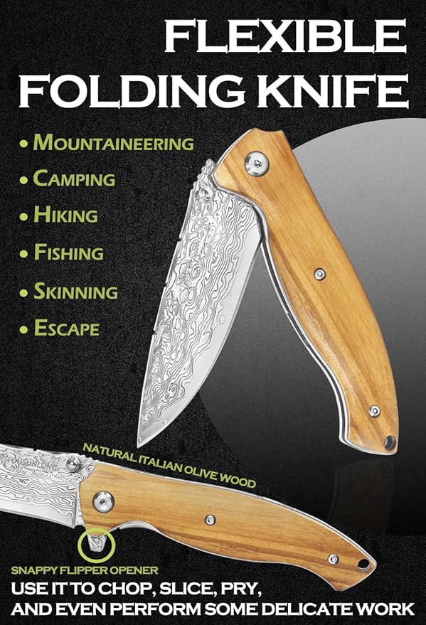 YOUSUNLONG Folding Knife Overall 191mm Pocket Knife - Hammered Damascus Steel Blade - Natural