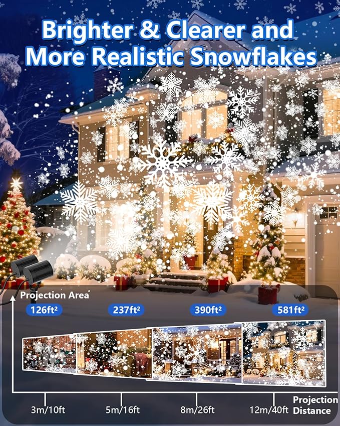 Christmas Snowflake Projector Lights Outdoor, 2025 Upgraded Double Head, 360° Rotating, IP65