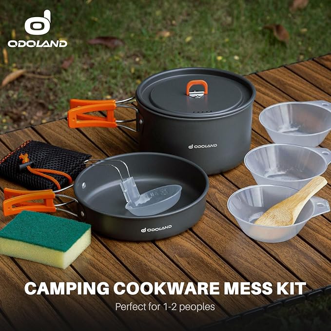 Odoland 9pcs Camping Cookware Non-Stick Lightweight Pots and Pans Set with Plastic Bowls Soup Spoon