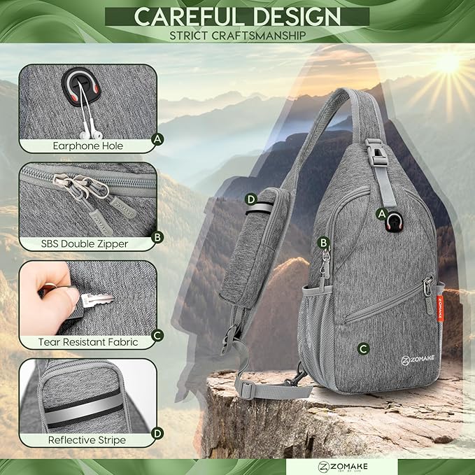 ZOMAKE Sling Bag,Small Crossbody Sling Backpack,Water Resistant Shoulder Daypack for Travel,Anti