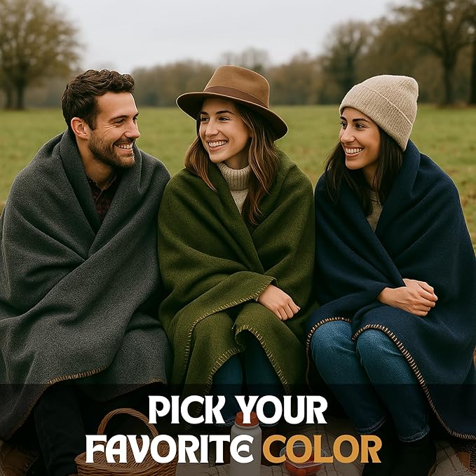 Wool Camping Blanket ??70% Wool Heavy-Duty Military Style Throw, Warm & Washable, Fire Retardant