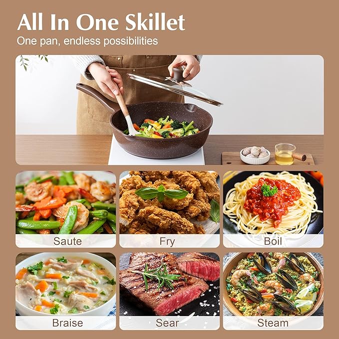 SENSARTE Nonstick Deep Frying Pan Skillet, 12-inch Saute Pan with Lid, Stay-Cool Handle, Healthy
