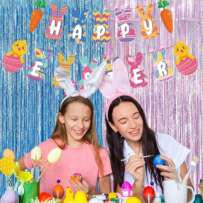 BRAVESHINE Pink Blue Tinsel Foil Fringe Curtains - 2Pcs 3.2x8.2ft Holidays Photo Streamers Backdrop