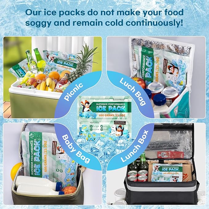 5 Packs Reusable Ice Packs for Lunch Boxes - 12+ Hour Cooling Ice Gel Pack for Camping, Beach