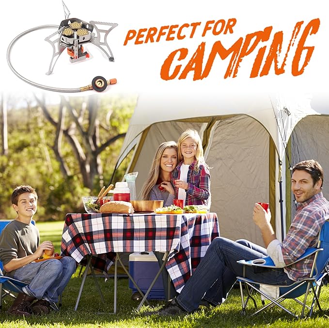 6800W Camping Stove with Fuel Canister Adapter Portable Backpacking Gas Stove with Piezo Ignition