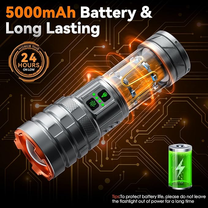 Camping Flashlights,90000 Lumens 5000mAh Super Bright High Lumens Rechargeable Flashlight with 11