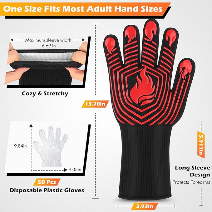 BBQ Gloves, 1472°F Heat Resistant Gloves Fireproof Mitts，Grilling Gloves Silicone Non-Slip Washable