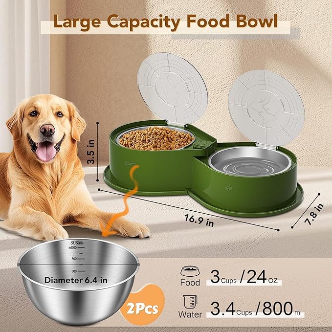 Stainless Steel Dog Bowl Set with Lids, 304 Metal Dual Food & Water Bowls for Dogs & Cats, Large