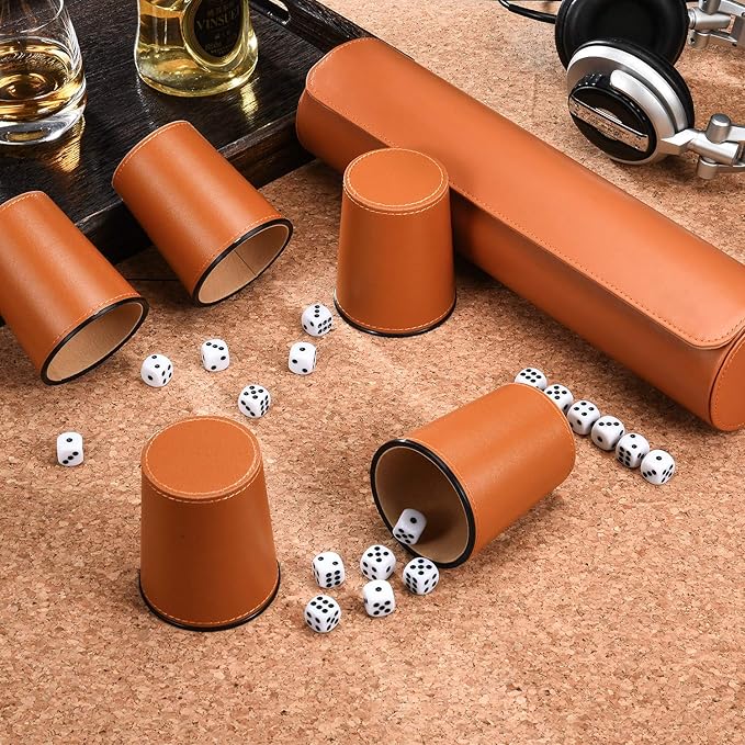 Leather Dice Cup Set, 5 Black Dice Cups + 25 Dices + Exclusive Storage and Transport Case Made of