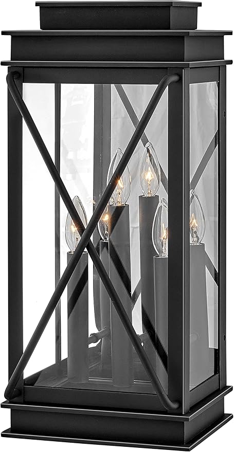 Hinkley Montecito Large Wall Mount Outdoor Lantern - 3-Light, Aluminum, Clear Glass - Museum Black