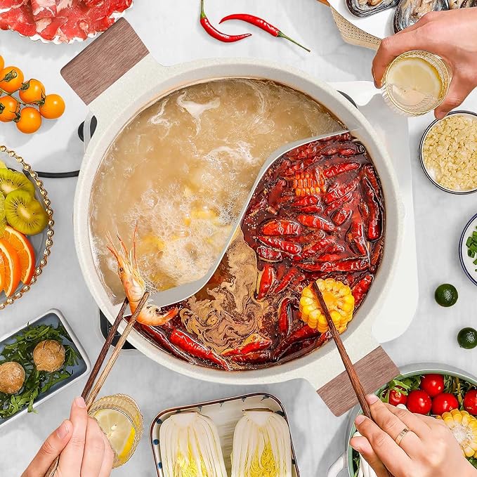 Dezin 5-QT Double-flavor Shabu Shabu Pot with Divider, Dual Sided Nonstick Hot Pot, 12 Inch Divided