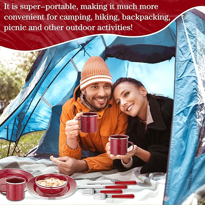 Nuogo 12 Pcs Enamel Camping Tableware Set Dinnerware Kit Includes 12 oz Coffee Mugs Camping Plates