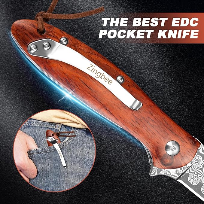 Damascus Pocket Knife with Sheath, 2.87" Damascus Steel Blade Knife with Wood Handle, EDC Folding