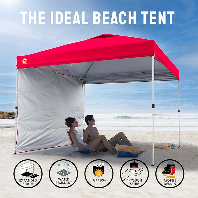 CROWN SHADES 10x10 Pop Up Canopy with 1 Side Wall - Beach Tent with One Push Setup - Outdoor Sun