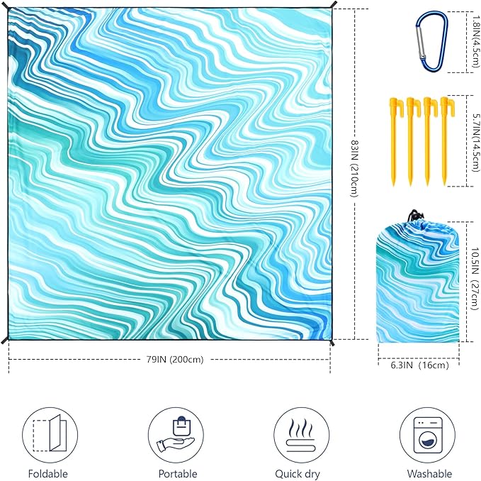 Beach Blanket Waterproof Sandproof Beach Mat 79" X 83"/10'x9'for 2-8 Adults Quick Drying Outdoor