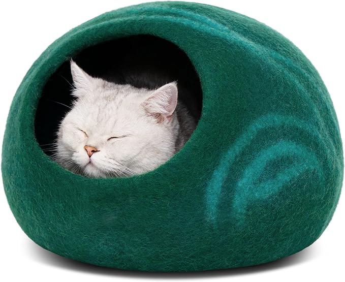 MEOWFIA Cat Cave ??Premium Felt Cat Bed for Indoor Cats, Handmade 100% Merino Wool (Large, Emerald)