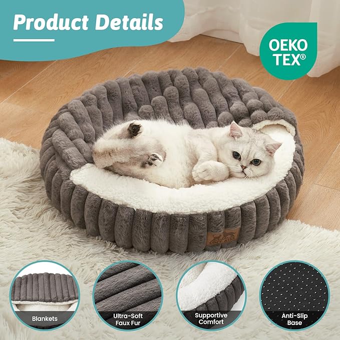 Cat Bed with Hooded Blanket, Round Fluffy Anti-Anxiety Pet Bed for Cats/Small Dogs, Cozy Donut