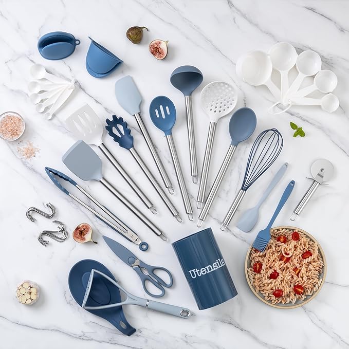 COOK WITH COLOR Silicone Cooking Utensils, Kitchen Utensil Set, Easy to Clean Silicone Kitchen