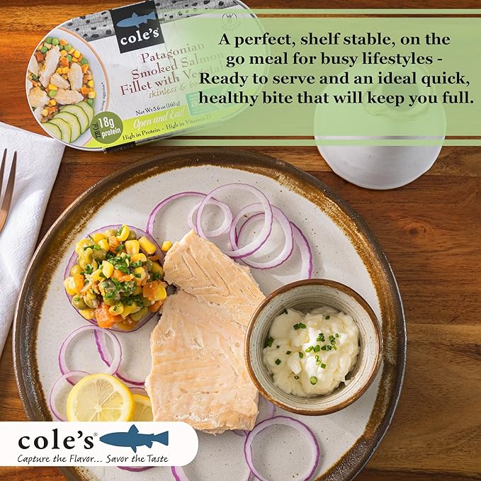 COLE’S - Patagonian Smoked Salmon Fillet with Vegetables| Ready to Eat Meal | 5.6 oz Canned &