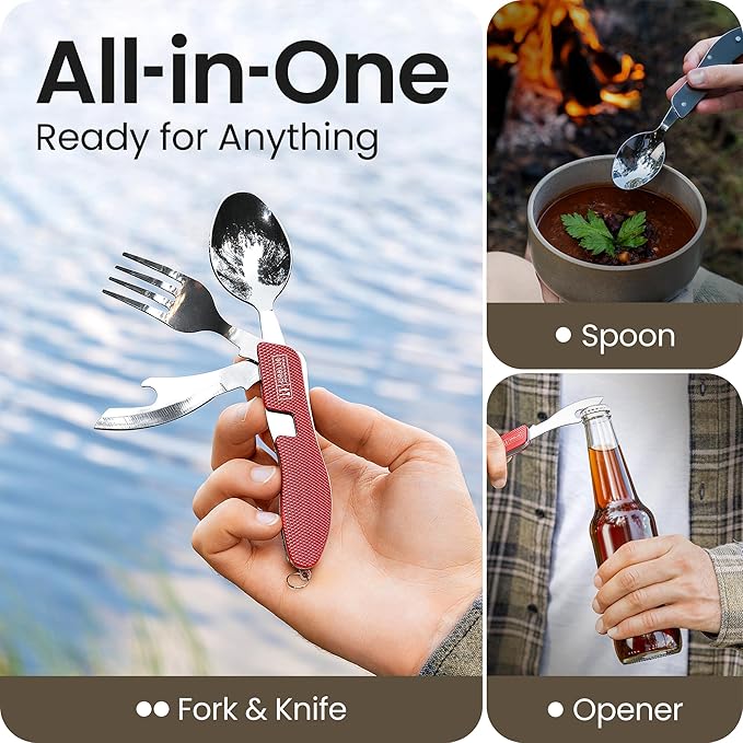 Orblue 4-in-1 Camping Eating Utensils, 2-Pack - Portable Spoon, Fork, Knife & Bottle Opener Combo