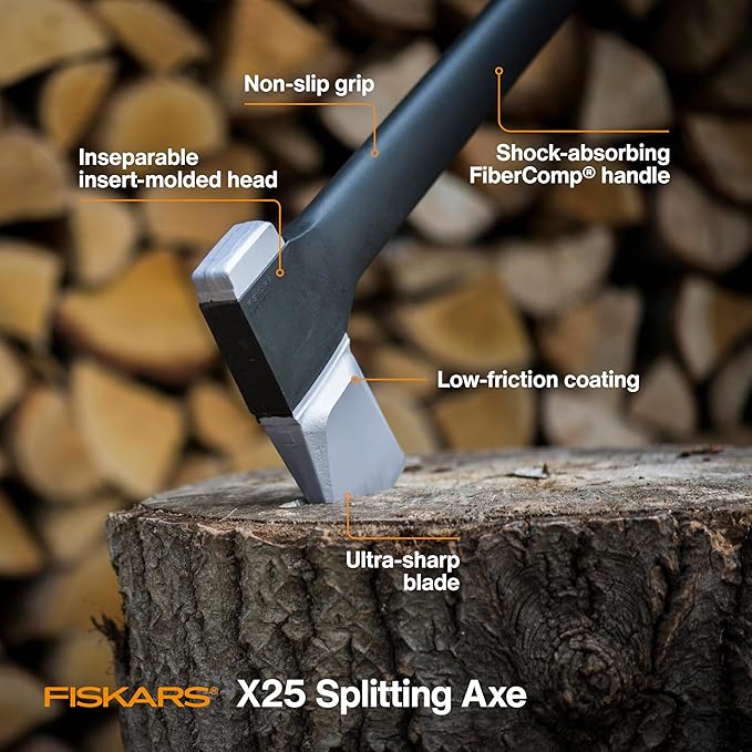 Fiskars X25 Splitting Axe, 28" Wood Splitting Axe for Medium to Large Size Logs with Shock