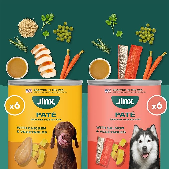 Jinx Premium Wet Dog Food Cans, Variety Pack - Salmon & Chicken Pate - Grain-Free Canned Dog Food