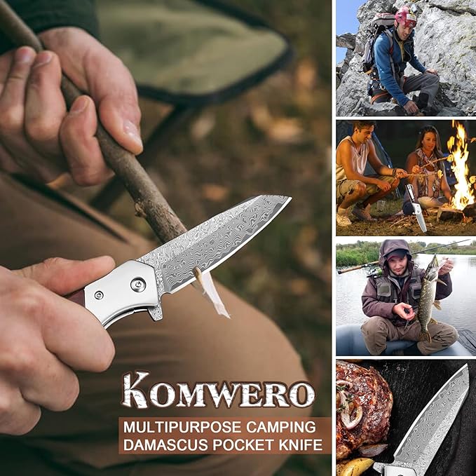 KOMWERO Damascus Pocket Knife with Clip Leather Sheath, 3.14 inch Sharp Damascus Steel Knife with