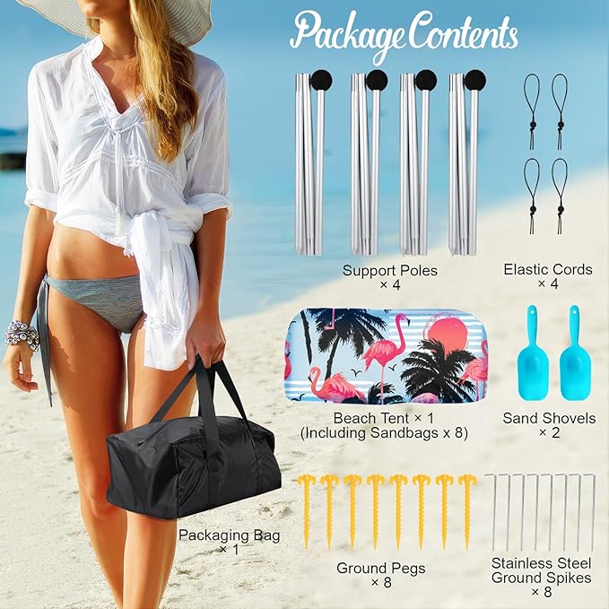 Rhino Valley Beach Tent Shade Canopy UPF50+ Protection, 8 Sandbags, 4 Stability Poles, Outdoor Sun