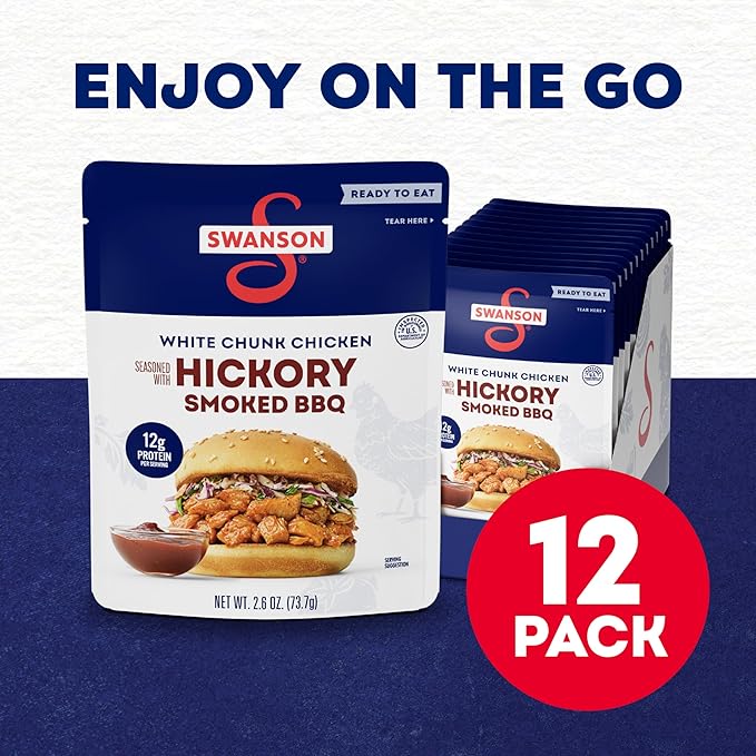 Swanson Hickory Smoked BBQ White Chunk Fully Cooked Chicken, 2.6 oz Pouch (12 Pack)