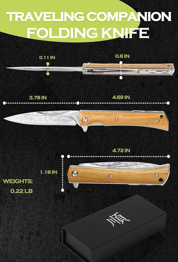 YOUSUNLONG Folding Knife Overall 215mm Camping Knife - Hammered Damascus Steel Blade - Natural