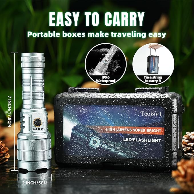 10000 High Lumens Flashlights LED Rechargeable Tactical Flashlight 5 Modes Zoomable Fast Charging