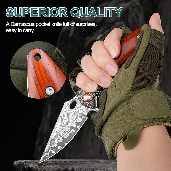Damascus Pocket Knife, 3.27??Damascus Blade EDC Folding Knives with Guibourtia Wooden Handle