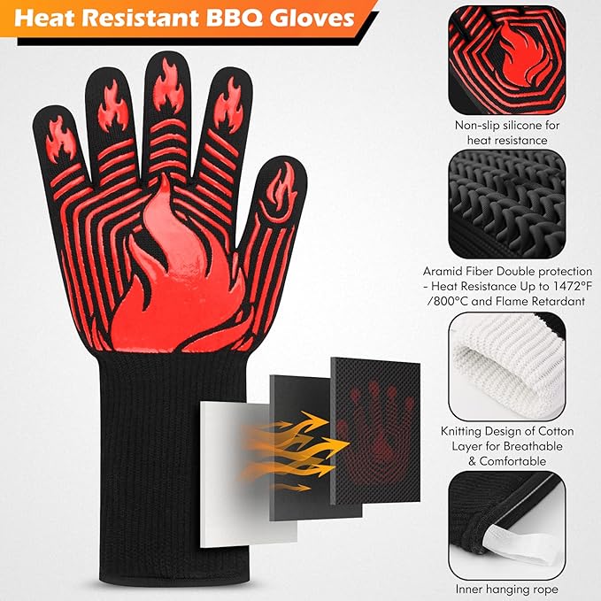 BBQ Gloves, 1472°F Heat Resistant Gloves Fireproof Mitts，Grilling Gloves Silicone Non-Slip Washable