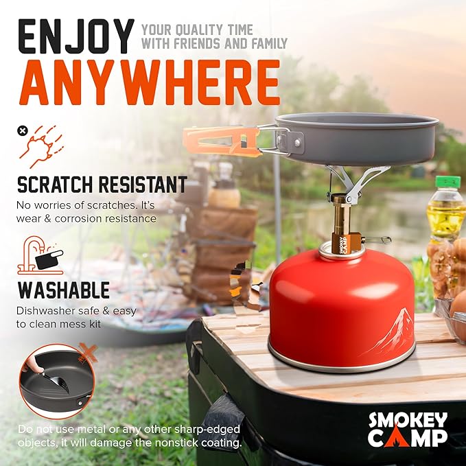 Camping Cookware Mess Kit Set with Stove - Backpacking Camping Pots and Pans Set, All in One
