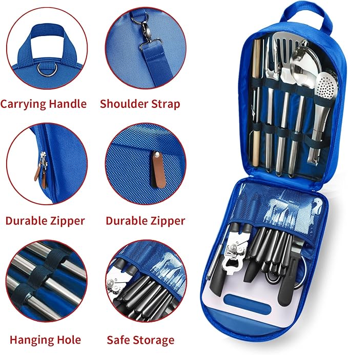 Portable Camping Kitchen Utensil Set-27 Piece Cookware Kit, Stainless Steel Outdoor Cooking and