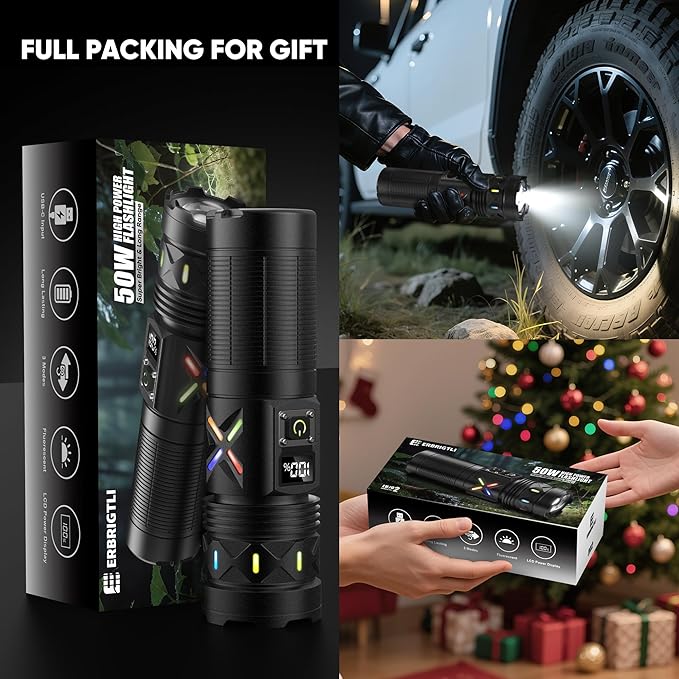 Flashlights High Lumens 3000 Rechargeable Long Range, Super Bright LED Flashlight Long Running 15H