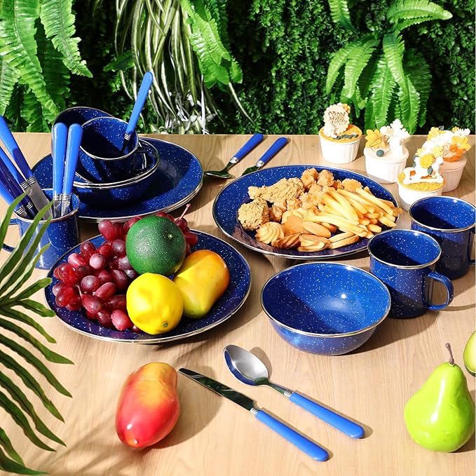 Nuogo 48 Pcs Enamel Camping Tableware Includes 12 oz Coffee Mugs 10.5 Inch Camping Plates 6 Inch