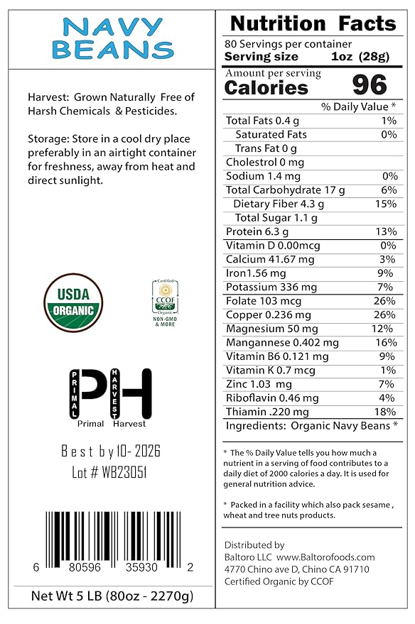Organic Navy Beans Raw non GMO Vegan Bulk - 3LB
