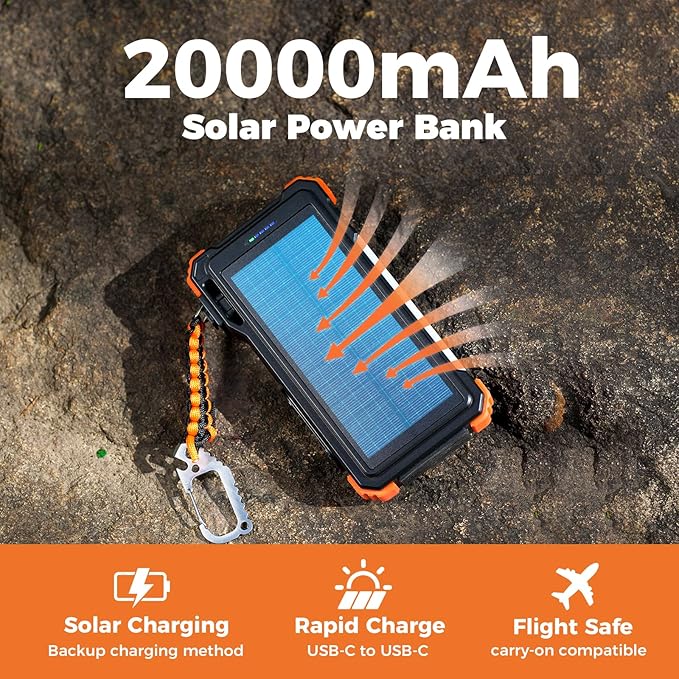 BLAVOR Solar Power Bank 20000mAh/74000mWh Built-in Cables, Wireless Charger for Apple Watch, 20W