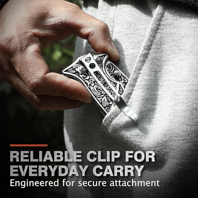 Pocket Knife with Sheath and Clip, 440C Stainless Steel Folding Knife 3D Retro Embossed Pattern